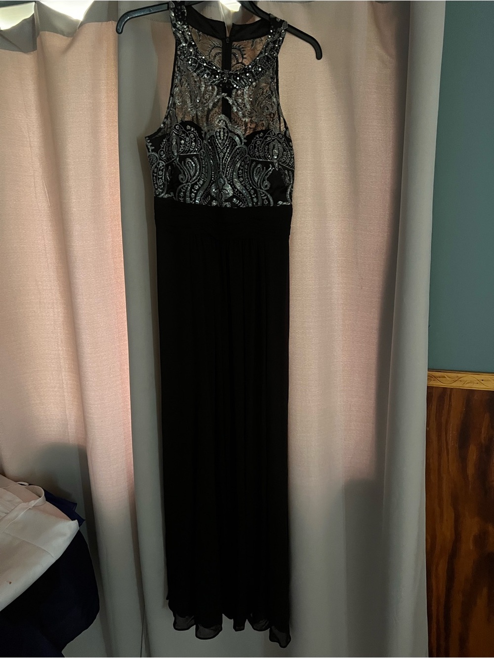 Eliza J Black Evening Gown with Silver Beaded Bodice